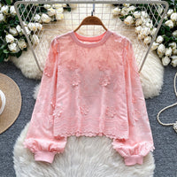 Womens Lantern-Sleeve Crew-Neck Sweatshirt With Embroidery Loose Fit