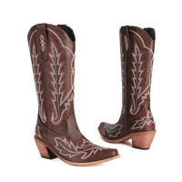 Embroidered Long Knee-high Boots Pointed Toe Chunky Heel High Heel