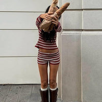 Stylish Slim-fit Two-piece Set Featuring A Halter Top With Patchwork Stripes And Matching Shorts