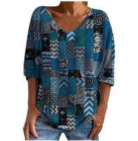 Womens Loose-fitting Geometric-print V-neck Long-sleeve Top