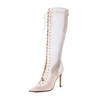 Womens Sleek High-Heeled Leopard-Print Breathable Over-the-Knee Sandals