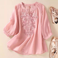 Women's Cotton And Linen Three-quarter Sleeve Embroidered Top