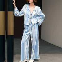 Striped Long-sleeved Shirt Straight-leg Trousers Pajamas Two-piece Set For Women