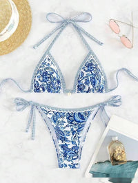 Blue And White Porcelain Printed Exercise Bikini Open Back Swimsuit Suit