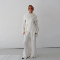 Solid-color Button-up Cardigan And Pants Two-piece Set For Women
