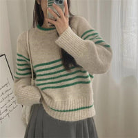 Autumn And Winter Korean Retro Contrast Color Stripes Idle Style Crew Neck Pullover Sweater