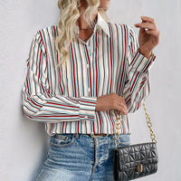 Lapel Color Vertical Striped Shirt For Women