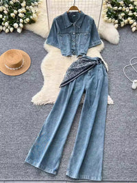 Womens Single-Breasted Short Denim Jacket And Wide-Leg Pants Set