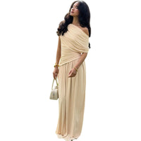Elegant Off-the-Shoulder  Defined-Waist  Long  Solid-Colored Dress With A Slant Neckline