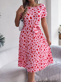 Women's Casual Color Block Heart Print Short Sleeve Tie Waist Pleated Dress