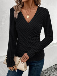 Spring And Autumn Women's Solid Color And V-neck Long-sleeved T-shirt Top