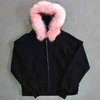 Black Zipper Divided Print Fleece Hooded Sweatshirt