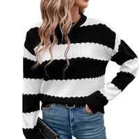 Round Neck Long Sleeve Black And White Color Matching Knitted Sweater