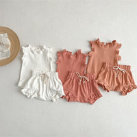 Summer Girls' Suit Rib Overall Dress Set Cotton Infant Flounced Sleeve Baby Girls' T-shirt Shorts Two-piece Suit