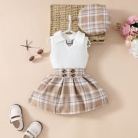 Girls' Fashion Beret Top Tartan Skirt Suit
