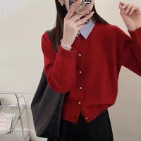 Temperament Commute Korean Style Shirt Collar Single-breasted Knitted Cardigan Sweater