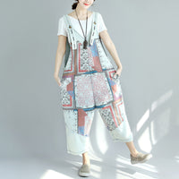 Printed Worn Looking Washed-out Big Crotch Ninth Plus Size Stitching Denim Suspender Pants