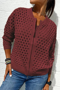 Fashion Hollow Knitted Jacket Zip-up Long-sleeved Tops Women's Clothing