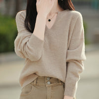 Women's Wool Sweater V-neck Drop-shoulder Pullover