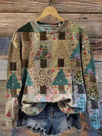 Womens Casual Christmas-Print Crew-Neck Sweatshirt