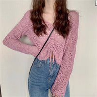 Drawstring V-neck Relaxed-fit Sun-protective Long-sleeve Cover-up
