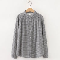 Womens Retro Small Lapel Double-Layer Cotton Yarn Long-Sleeve Shirt