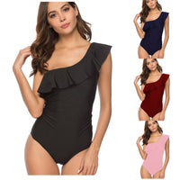 Women's Single Shoulder Lotus Leaf Edge Solid Color Swimsuit