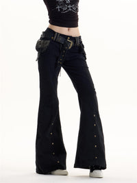 Black Weila Slimming Washed Denim Army Green Design Sense Bell-bottom Pants
