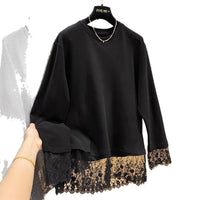 Lace-sleeved Long-sleeve T-shirt Loose-fitting Plus-size Mid-length Base Layer With Brushed Fabric