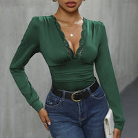 Elegant V Neck Jumpsuit With Lace Trimmed Sleeves For Women