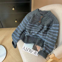 Women's Horn Button Striped Loose Preppy Style Sweater