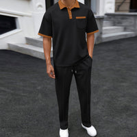Waffle Lapel Color Matching Short-sleeved Trousers Two-piece Casual Suit