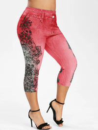 Mid-rise Printed Faux Denim Skinny Cropped Pants
