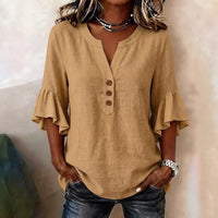 Solid-color V-neck Three-quarter-sleeve Ruffled Casual Cotton-linen Top