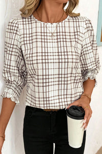 White Plaid Printed Ruffle Puff Half-Sleeve Shirt