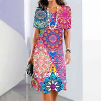 Womens Summer Classic 3D Digital Print Fashion Short-Sleeve Dress