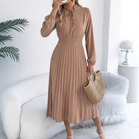 Elegant Lace-Up Lantern-Sleeve Long Pleated Dress