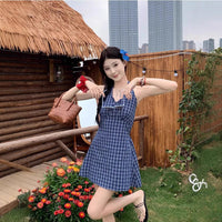 Korean-style Plaid Halter Dress For Women