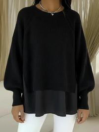 Solid Color Casual Crew Neck Sweater With A Chiffon Hem And Puff Sleeves