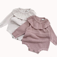 Spring And Autumn Infant And Toddler Knitted Bodysuit Lotus Collar Girl Baby Thin Woolen Long Sleeve Triangle Romper Creeper