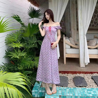 French-style Retro Lace V-neck Purple Floral Dress For Women