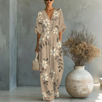 Waist-cinched V-neck Printed Womens Jumpsuit