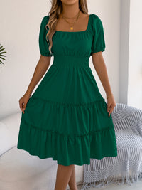 Solid-color Square-neck Short-sleeve Ruffled-edge Dress Womens Clothing