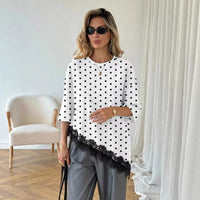 Polka-dot Top Asymmetric Lace-panel T-shirt For Women
