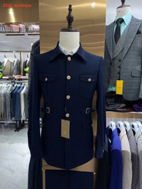 Slim-fit Zhongshan Suit Navy Blue Men's Suit Two-piece Suit