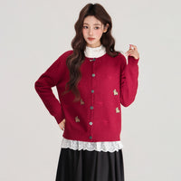Red Embroidered Button Front Long Sleeve Knitted Cardigan Women's Sweater