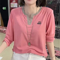 Women's Long-sleeved T-shirt V-neck Bottoming Shirt Hot Rhinestone Casual Top