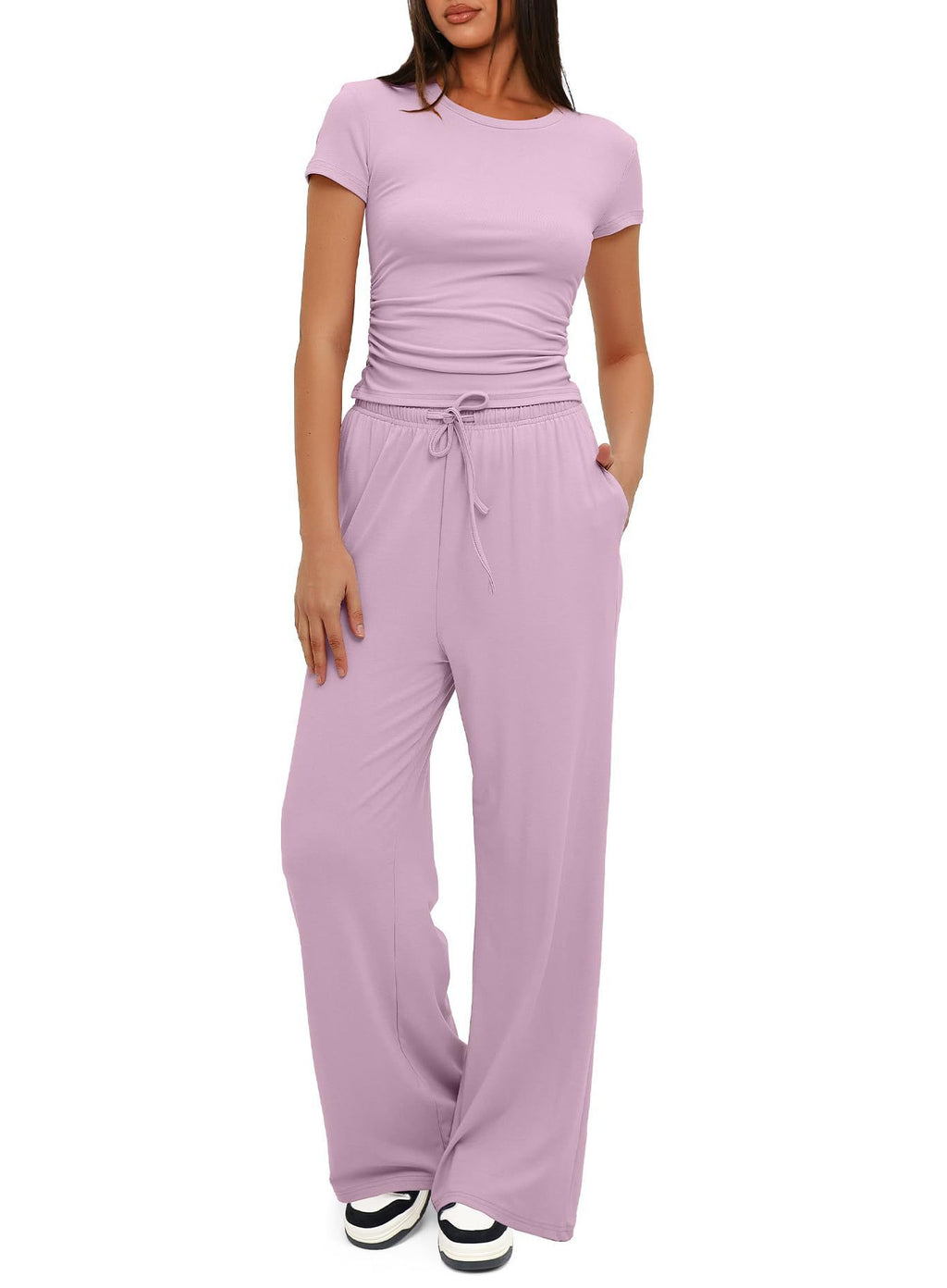 Women's Solid Color Pleated Short Sleeved Top And Wide Leg Pants