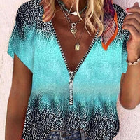 Printed V-neck Short Sleeved Casual Shirt Top