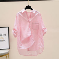 Pure Cotton Pink Striped Shirt Women's Artistic Fresh Batwing Sleeve Single Pocket Top